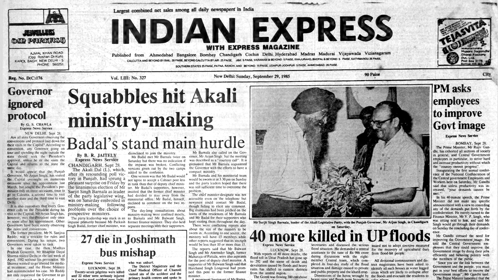 September 29, 1985, Forty Years Ago: Akalis at Impasse